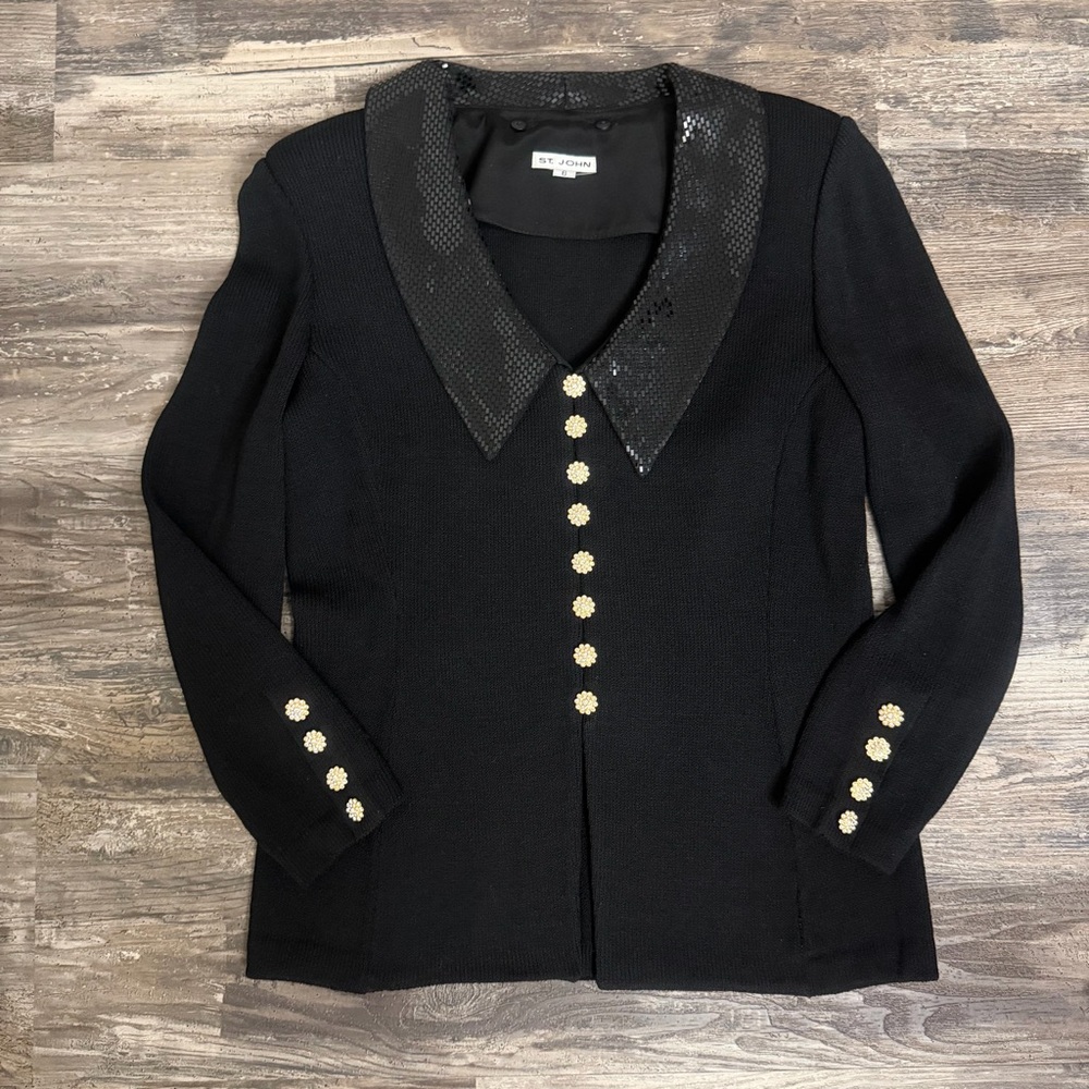 St. John Black Jacket With Sequin Detachable Reverse Collar And Crystal Buttons